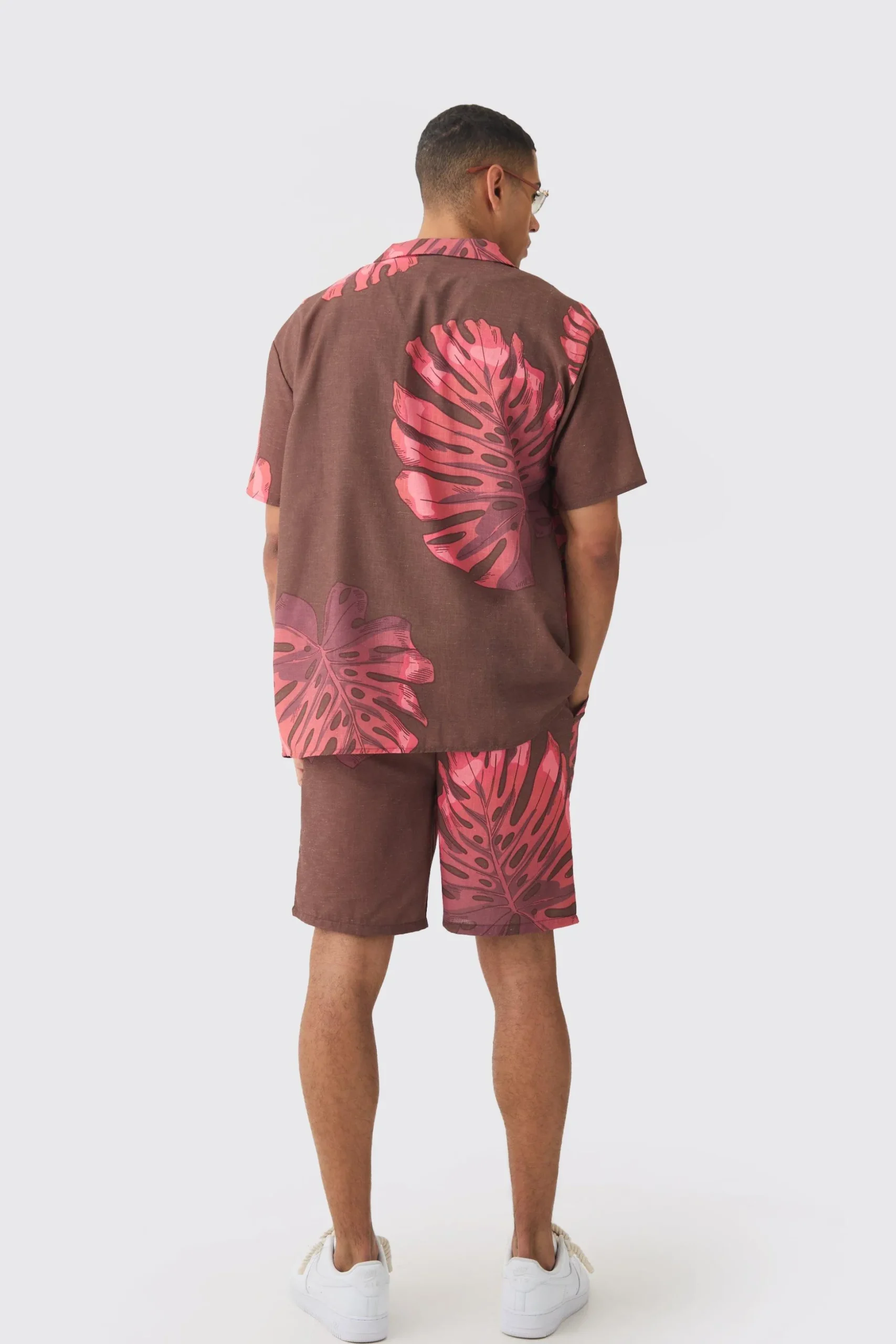 Oversized Linen Look Palm Shirt & Short | BoohooMAN UK