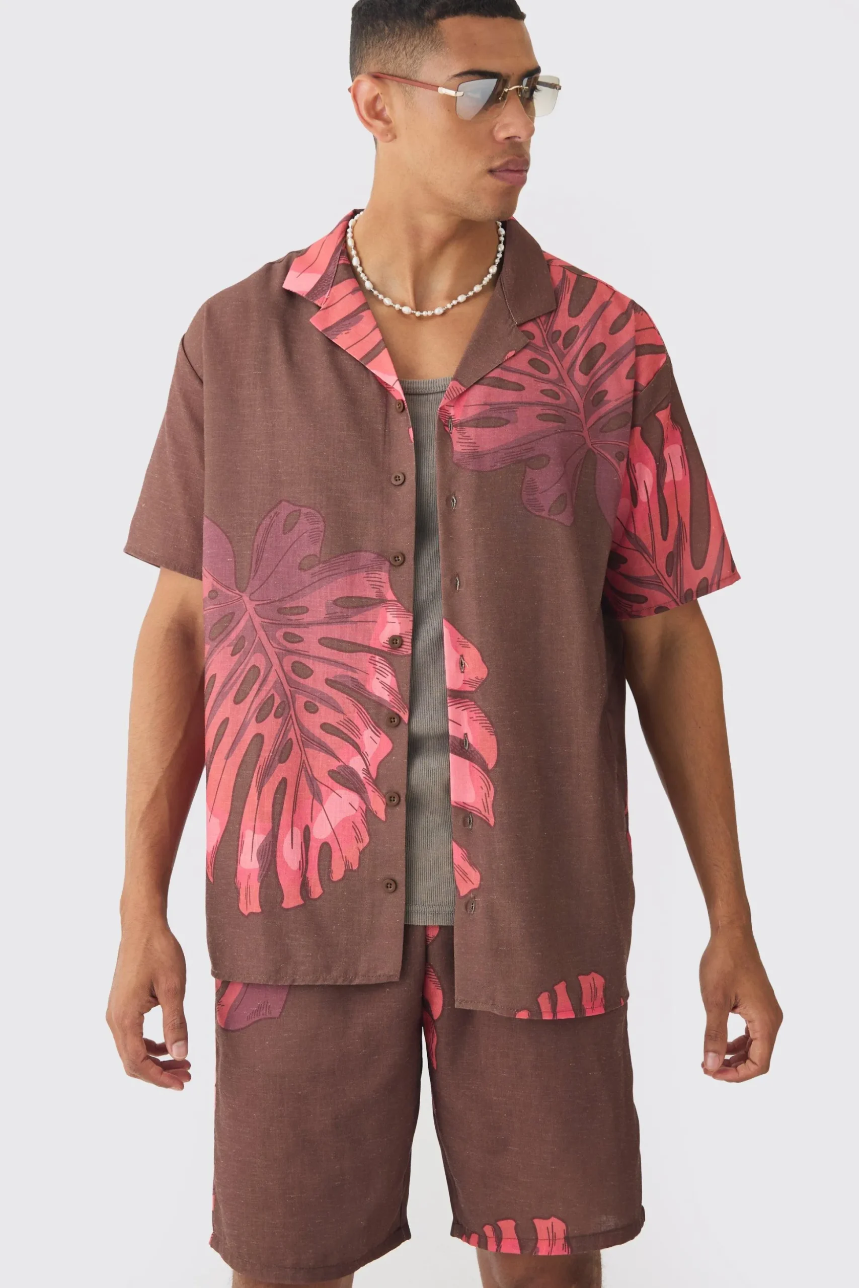 Oversized Linen Look Palm Shirt & Short | BoohooMAN UK