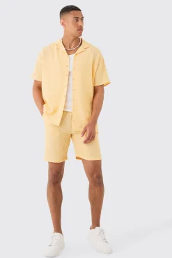 Oversized Linen Look Shirt & Short Set | BoohooMAN UK