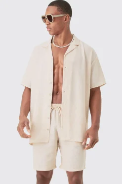 Oversized Linen Look Shirt & Short Set | BoohooMAN UK