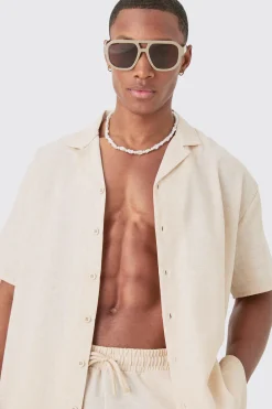 Oversized Linen Look Shirt & Short Set | BoohooMAN UK