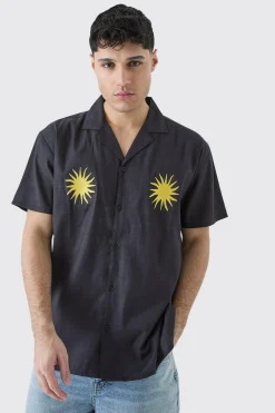 Oversized Linen Look Sun Embroidered Shirt | BoohooMAN UK