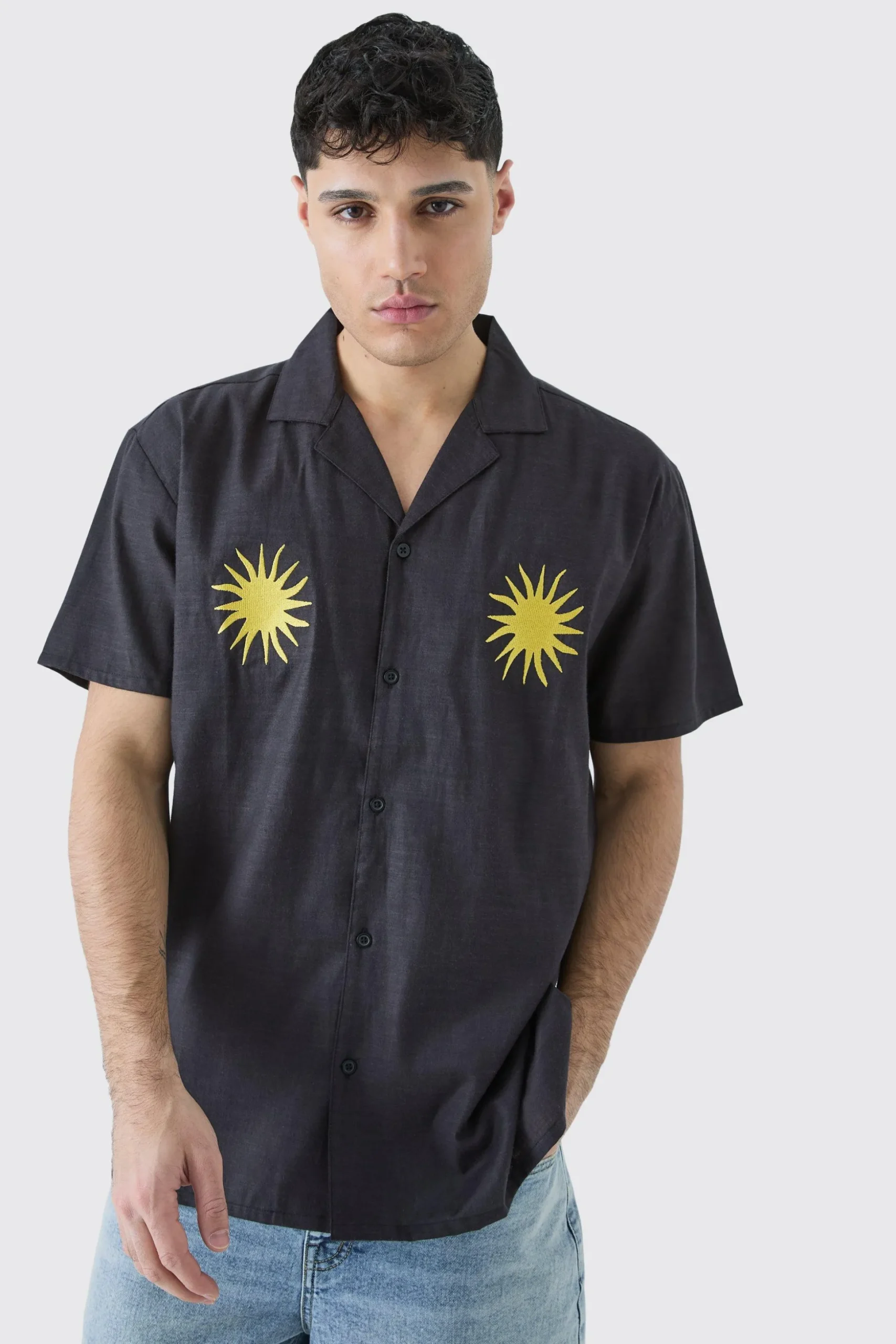 Oversized Linen Look Sun Embroidered Shirt | BoohooMAN UK