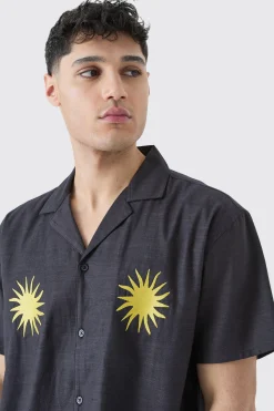 Oversized Linen Look Sun Embroidered Shirt | BoohooMAN UK
