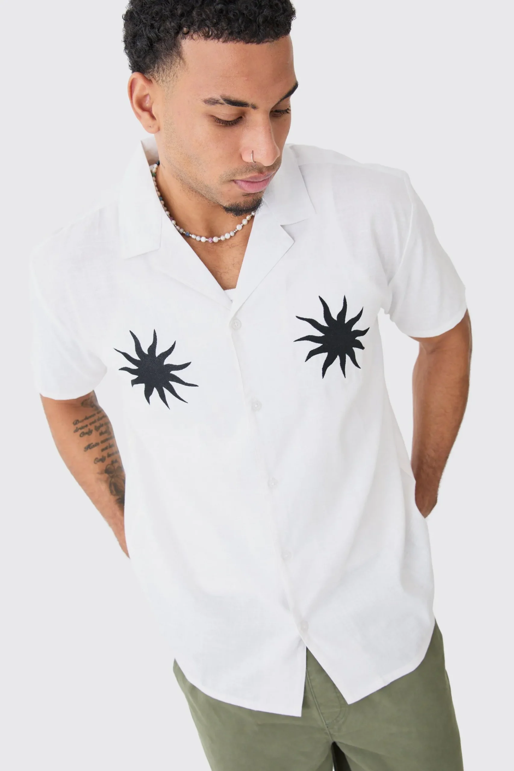 Oversized Linen Look Sun Embroidered Shirt | BoohooMAN UK