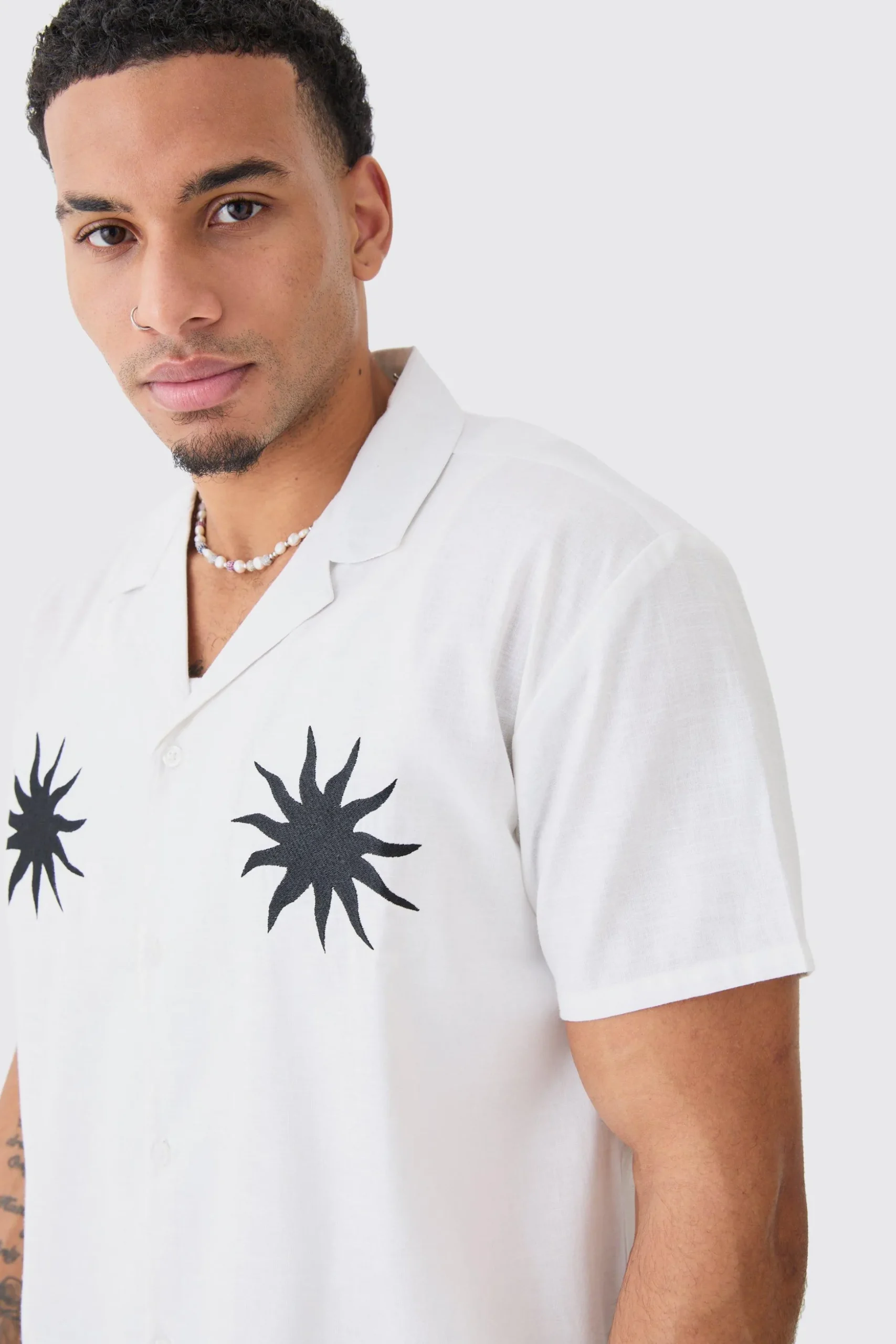 Oversized Linen Look Sun Embroidered Shirt | BoohooMAN UK
