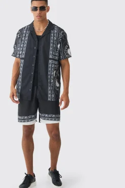 Oversized Linen Look Tile Print Shirt & Short | BoohooMAN UK