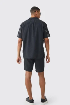 Oversized Linen Look Tile Print Shirt & Short | BoohooMAN UK
