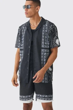 Oversized Linen Look Tile Print Shirt & Short | BoohooMAN UK