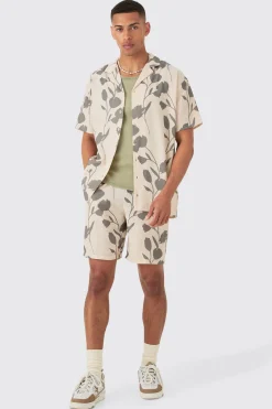 Oversized Linen Look Vine Shirt & Short Set | BoohooMAN UK