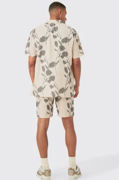 Oversized Linen Look Vine Shirt & Short Set | BoohooMAN UK