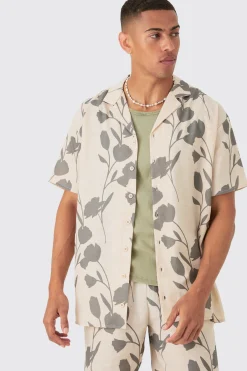Oversized Linen Look Vine Shirt & Short Set | BoohooMAN UK