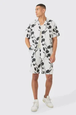 Oversized Linen Look Vine Shirt & Short Set | BoohooMAN UK