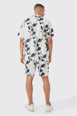 Oversized Linen Look Vine Shirt & Short Set | BoohooMAN UK