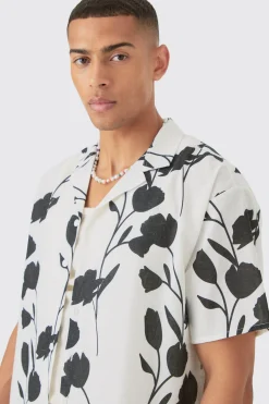 Oversized Linen Look Vine Shirt & Short Set | BoohooMAN UK