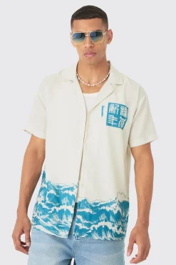 Oversized Linen Look Wave Shirt | BoohooMAN UK