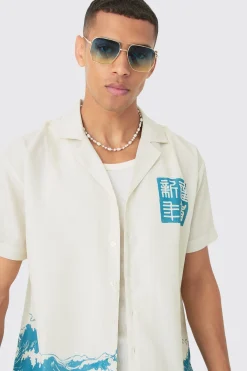 Oversized Linen Look Wave Shirt | BoohooMAN UK