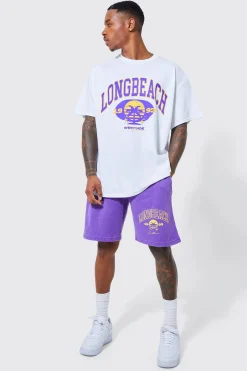 Oversized Long Beach Varsity T-shirt Set | BoohooMAN UK