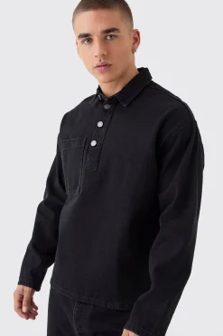 Oversized Long Sleeve 1/4 Neck Denim Shirt | BoohooMAN UK