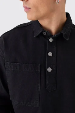 Oversized Long Sleeve 1/4 Neck Denim Shirt | BoohooMAN UK