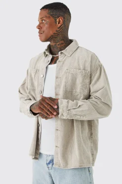 Oversized Long Sleeve Acid Wash Corduroy Shirt | BoohooMAN UK