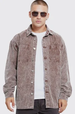 Oversized Long Sleeve Acid Wash Cord Shirt And Trouser Set | BoohooMAN UK
