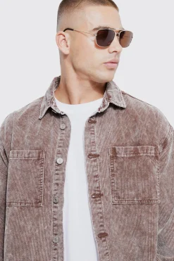 Oversized Long Sleeve Acid Wash Cord Shirt And Trouser Set | BoohooMAN UK