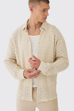 Oversized Long Sleeve Crochet Shirt | BoohooMAN UK