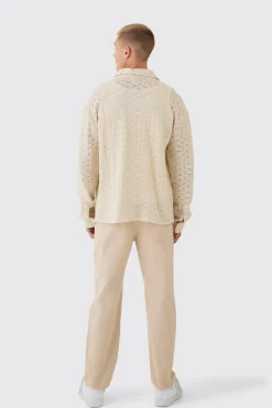 Oversized Long Sleeve Crochet Shirt | BoohooMAN UK