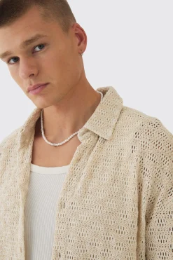Oversized Long Sleeve Crochet Shirt | BoohooMAN UK