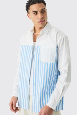 Oversized Long Sleeve Poplin Panel Stripe Shirt | BoohooMAN UK