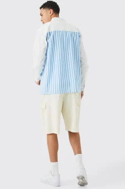 Oversized Long Sleeve Poplin Panel Stripe Shirt | BoohooMAN UK