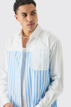 Oversized Long Sleeve Poplin Panel Stripe Shirt | BoohooMAN UK
