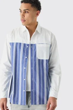 Oversized Long Sleeve Poplin Panel Stripe Shirt | BoohooMAN UK