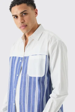 Oversized Long Sleeve Poplin Panel Stripe Shirt | BoohooMAN UK