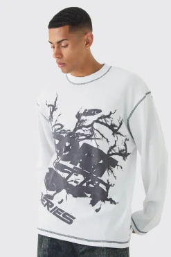 Oversized Long Sleeve Printed Waffle Sweatshirt | BoohooMAN UK