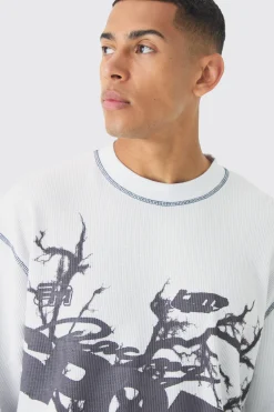 Oversized Long Sleeve Printed Waffle Sweatshirt | BoohooMAN UK