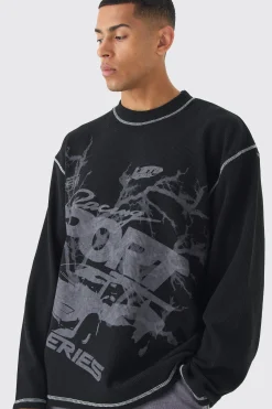 Oversized Long Sleeve Printed Waffle Sweatshirt | BoohooMAN UK