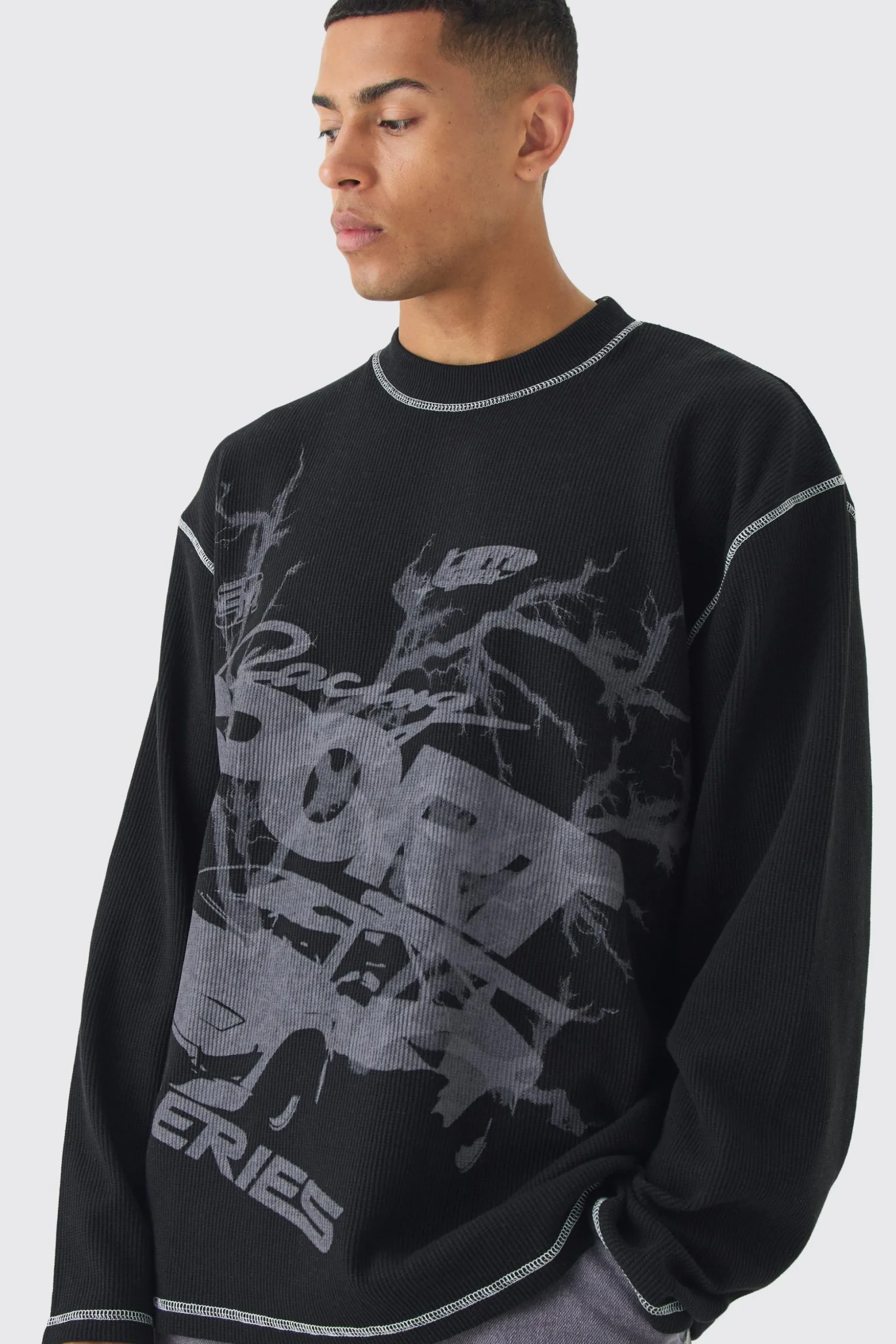 Oversized Long Sleeve Printed Waffle Sweatshirt | BoohooMAN UK
