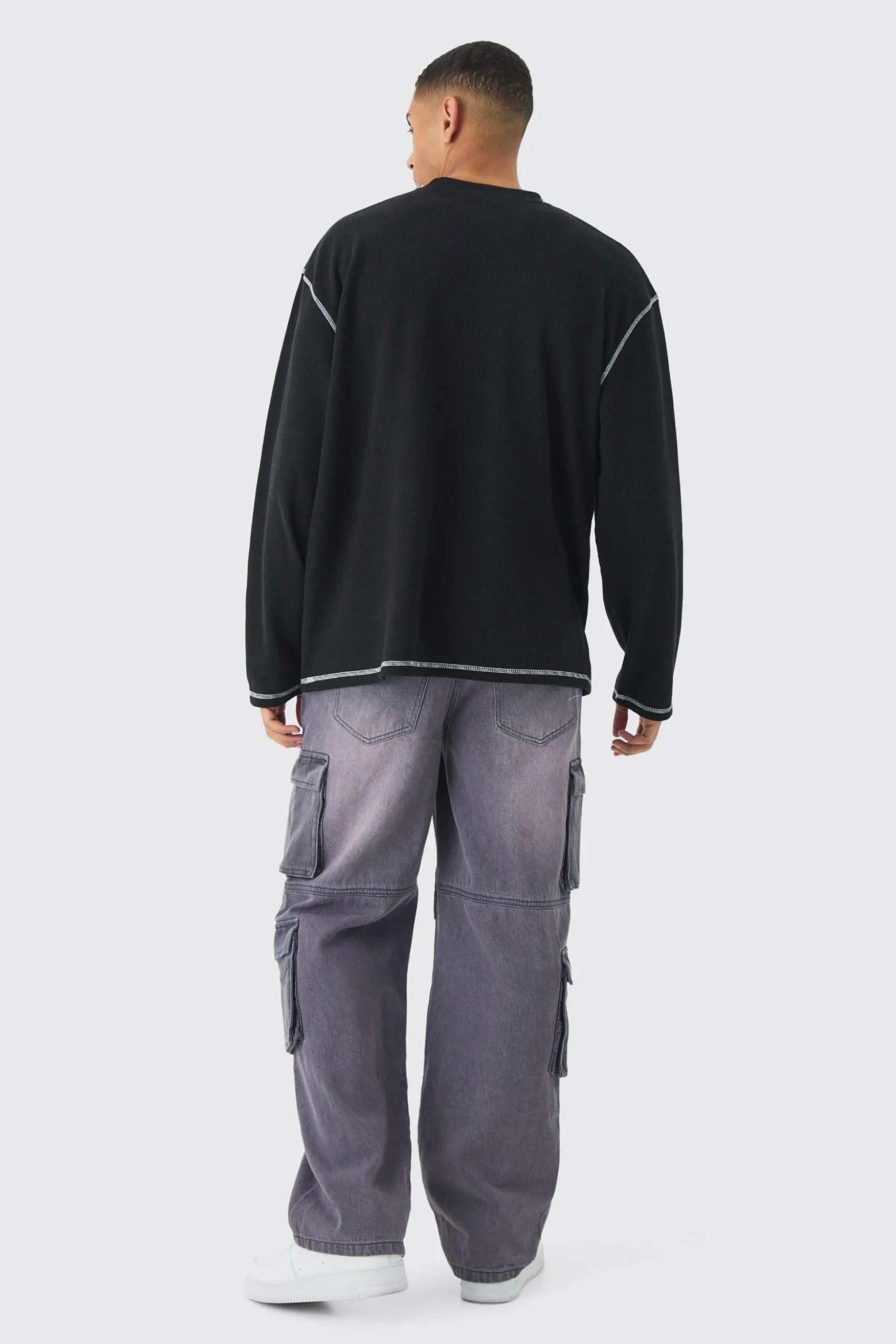 Oversized Long Sleeve Printed Waffle Sweatshirt | BoohooMAN UK