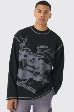 Oversized Long Sleeve Printed Waffle Sweatshirt | BoohooMAN UK