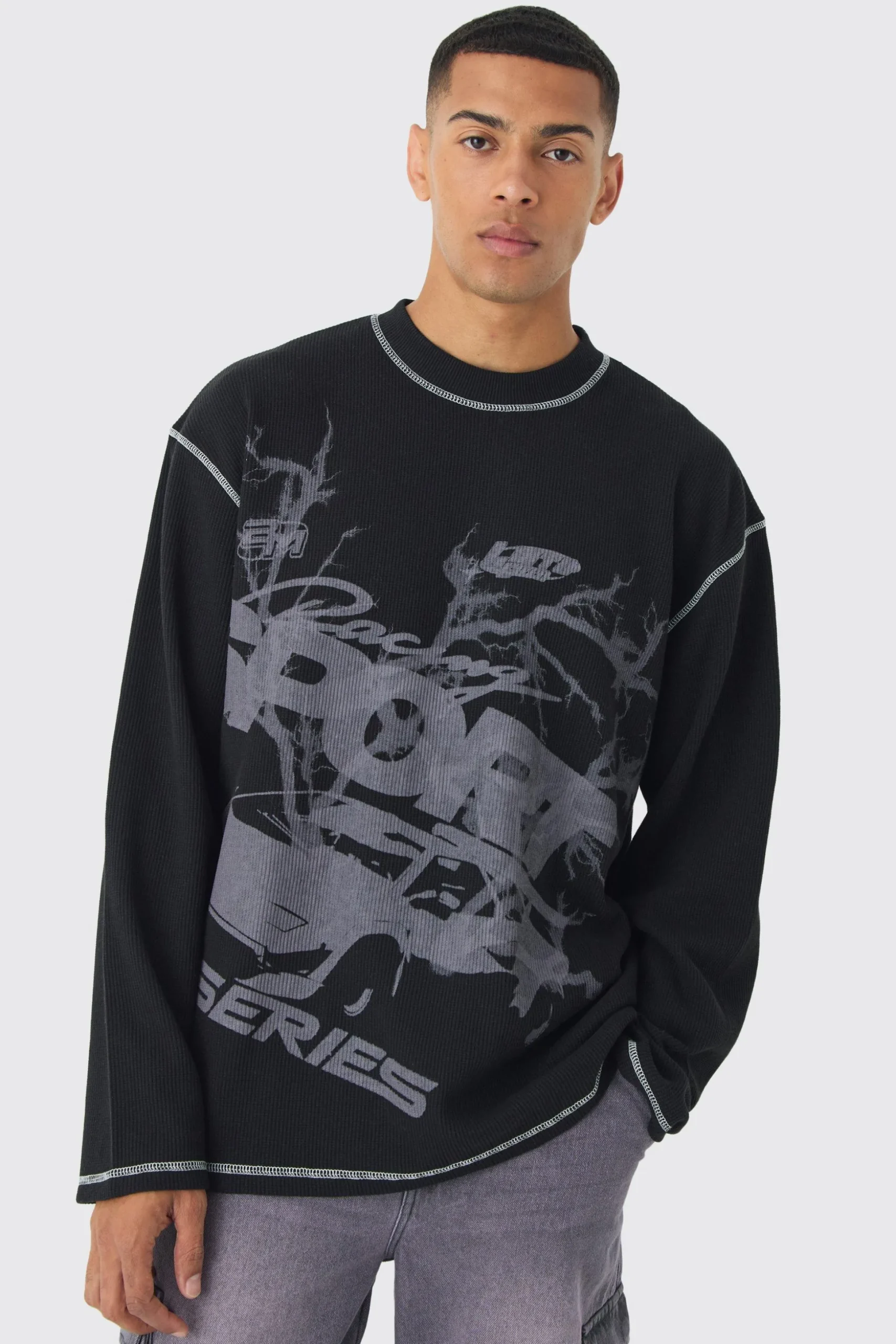 Oversized Long Sleeve Printed Waffle Sweatshirt | BoohooMAN UK