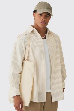 Oversized Long Sleeve Striped Shirt In Stone | BoohooMAN UK
