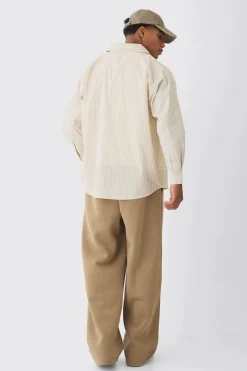 Oversized Long Sleeve Striped Shirt In Stone | BoohooMAN UK