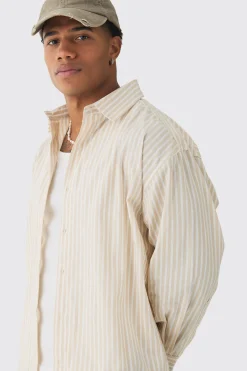 Oversized Long Sleeve Striped Shirt In Stone | BoohooMAN UK