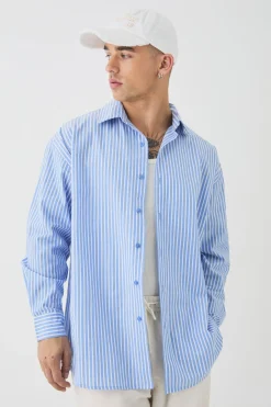 Oversized Long Sleeve Striped Shirt In Blue | BoohooMAN UK