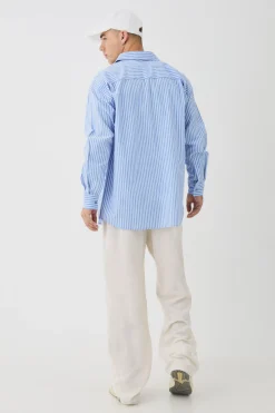 Oversized Long Sleeve Striped Shirt In Blue | BoohooMAN UK
