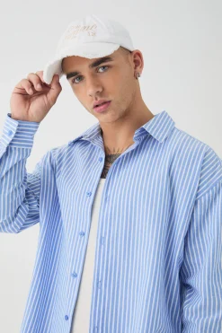 Oversized Long Sleeve Striped Shirt In Blue | BoohooMAN UK