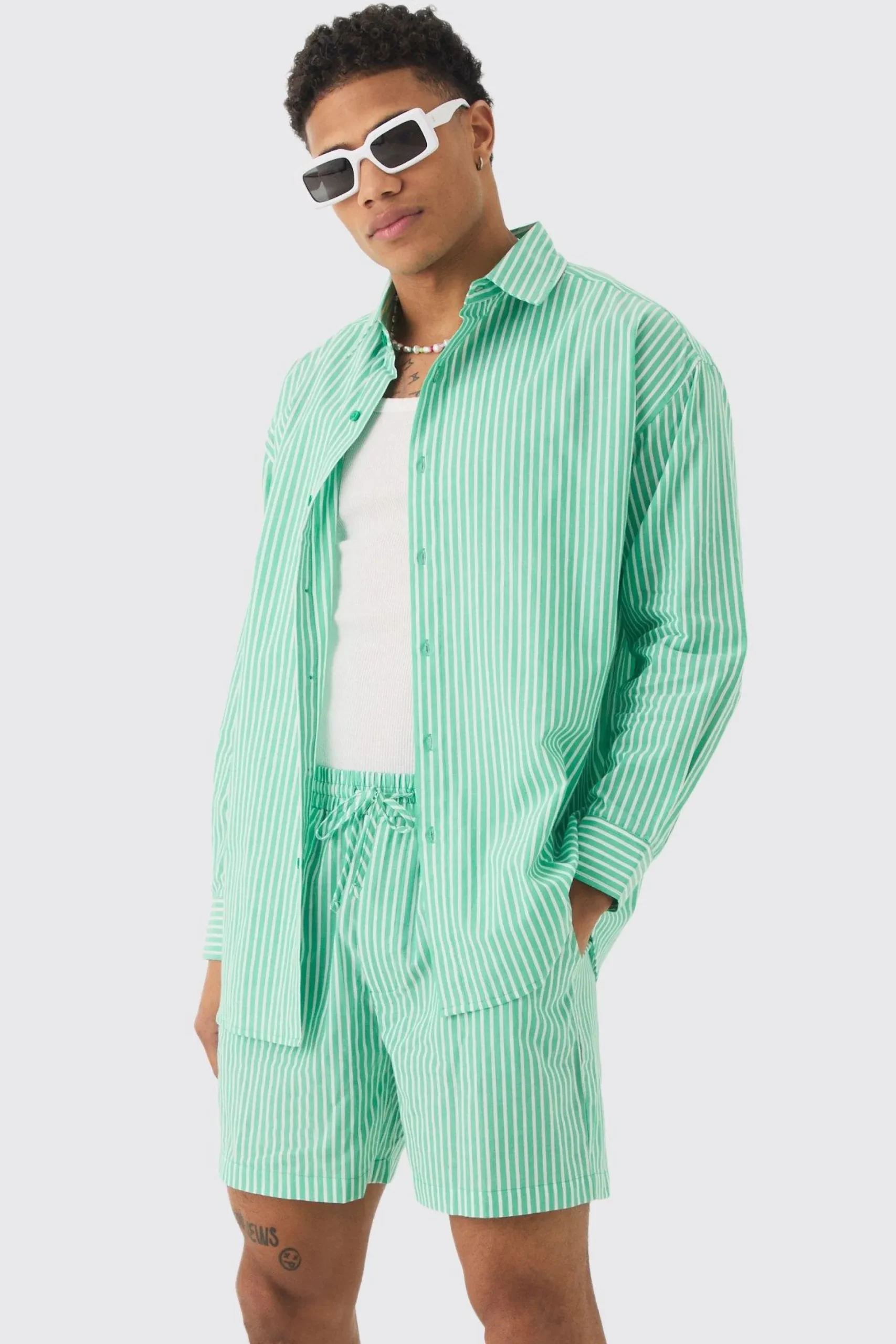 Oversized Long Sleeve Striped Shirt & Short Set In Green | BoohooMAN UK