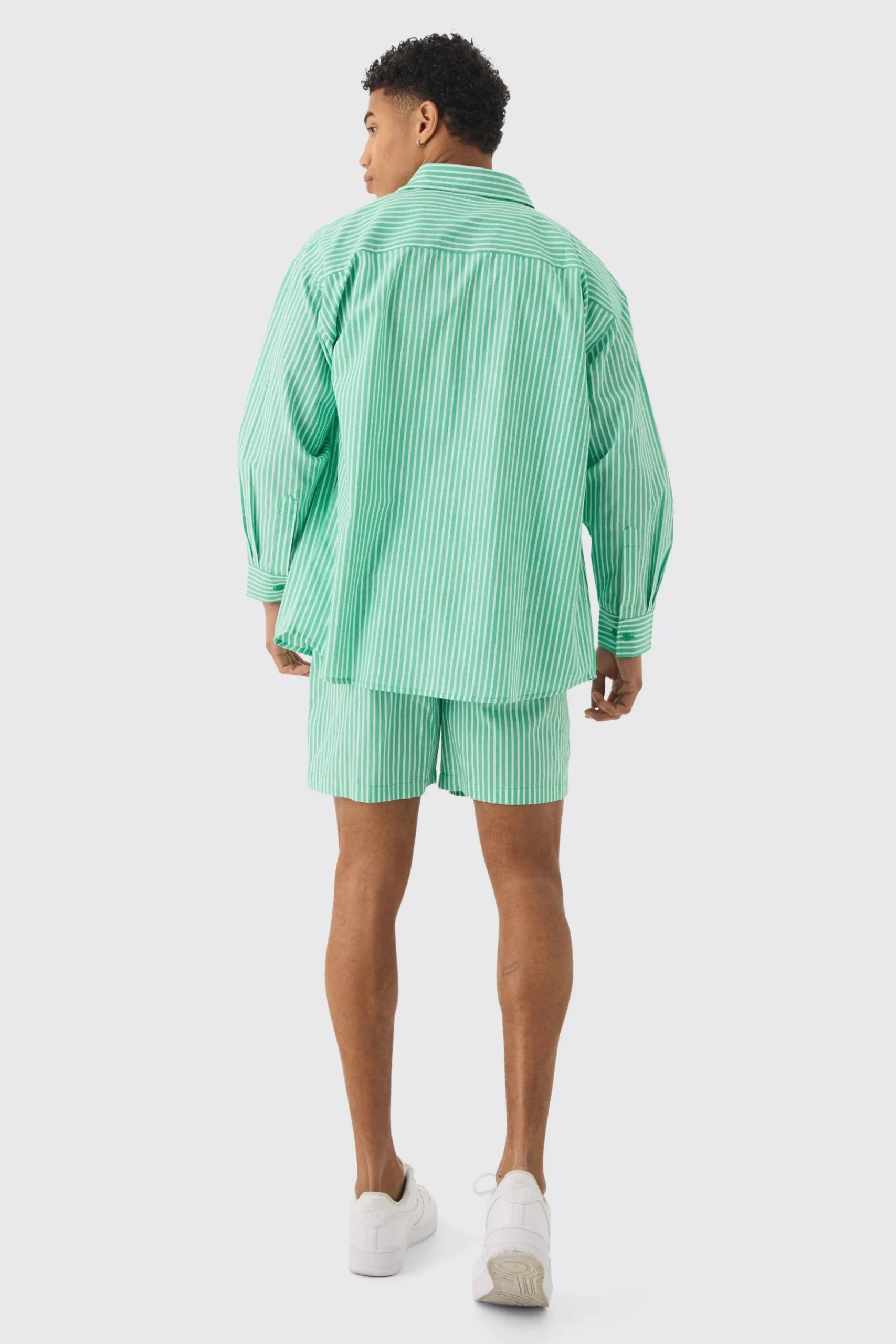 Oversized Long Sleeve Striped Shirt & Short Set In Green | BoohooMAN UK